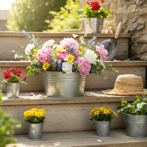 Blumenarrangements in verzinkten Metalltöpfen auf rustikalen Holzstufen im Garten mit einem Strohhut und einer Handschaufel.