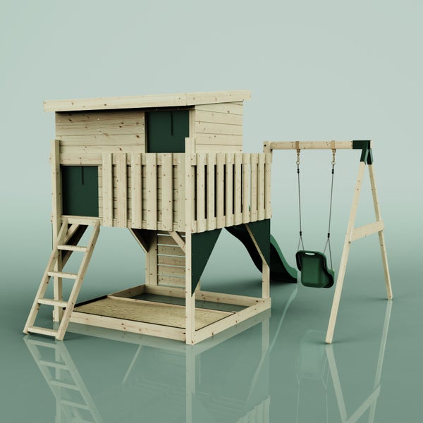 Spielturm aus Holz mit Rutsche, Schaukel, Leiter und integriertem Sandkasten.