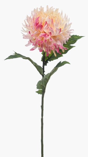 Nahaufnahme einer künstlichen Chrysantheme aus Textil mit strukturierten Blütenblättern und pinkfarbenen Akzenten.