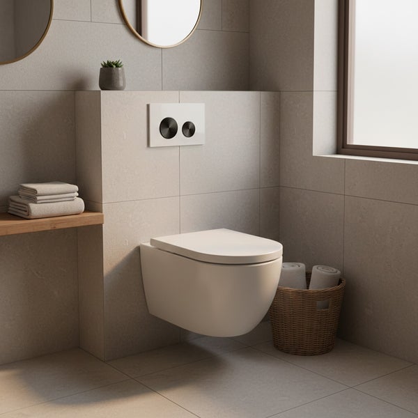 Modernes Badezimmer mit wandhängendem WC, Betätigungsplatte und Ablagefläche