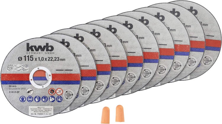 kwb Trennscheiben Dünn Winkelschleifer 115 mm Trenn-Scheibe f. Edel-Stahl INOX in Aufbewahrungs-Dose inkl. Ohrstöpsel ABM. 115 x 1 x 22,23, Ø
