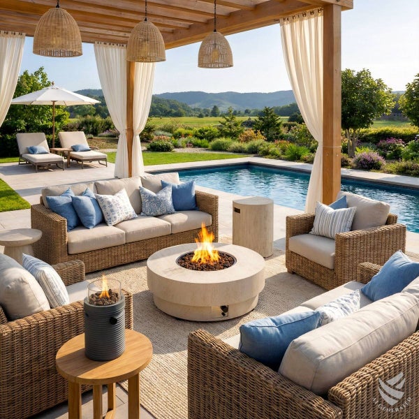 Heller, großzügiger Lounge-Bereich im Freien mit Holzpergola, Korbmöbeln, einer runden Feuerstelle aus Stein und einem Pool.