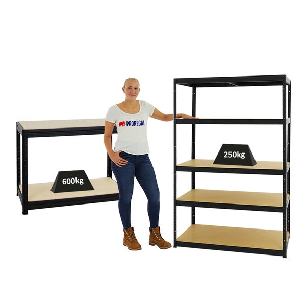 PROREGAL Mega Deal 1x Schwerlastregal Big Elephant M HxBxT 180 x 120 x 60 cm & 1x Höhenverstellbare Werkbank Slim Dino HxBxT 90 x 120 x 60 cm Schwarz