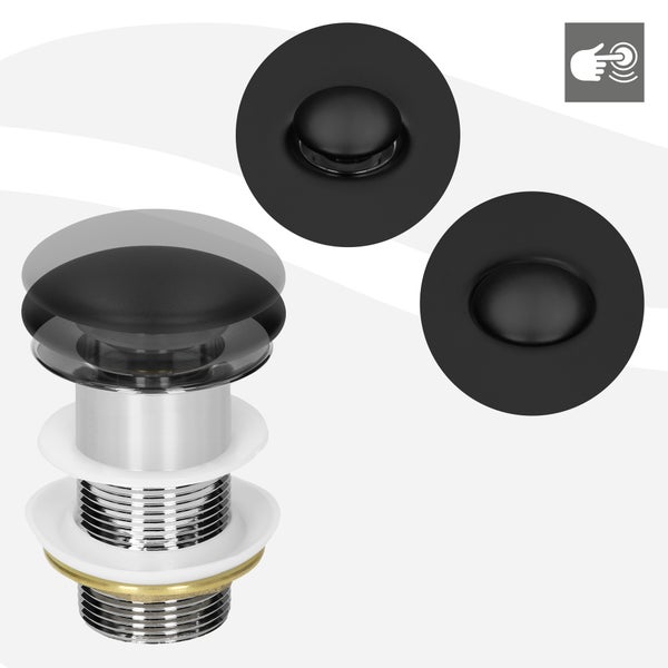 ML-Design Universal Ablaufgarnitur für Waschbecken & Waschtisch ohne Überlauf, Keramikdeckel Schwarz-Edelstahl, 1 1/4 Zoll Pop Up Ventil, Ablaufventil Abflussgarnitur Waschbeckenstöpsel mit Dichtungen
