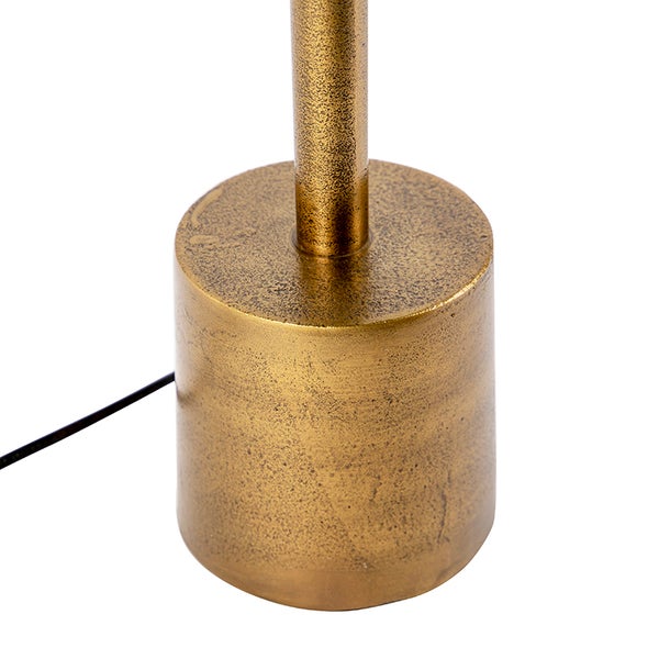 Detailansicht eines zylindrischen Lampenfußes aus strukturiertem Metall in Gold mit aufgesetztem Stab.