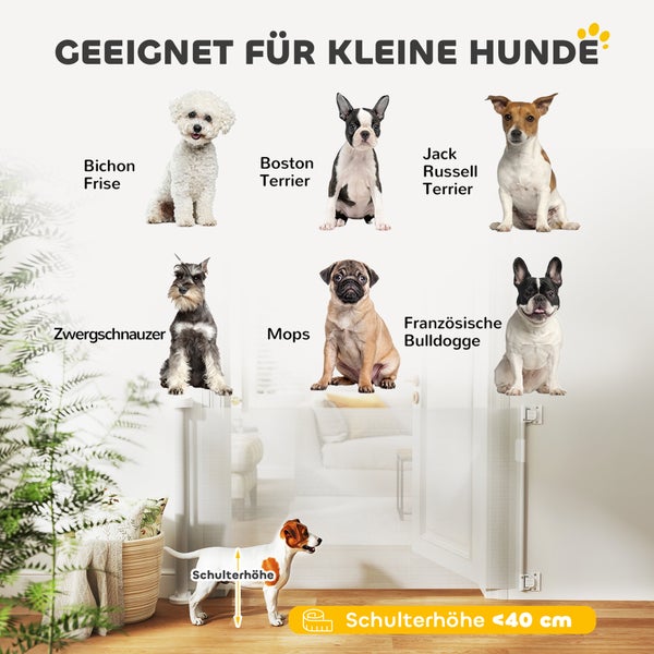 Geeignet für kleine Hunde: Bild zeigt verschiedene Hunderassen wie Bichon Frise, Boston Terrier, Jack Russell Terrier, Zwergschnauzer, Mops und Französische Bulldogge mit einer Schulterhöhe von unter 40 cm