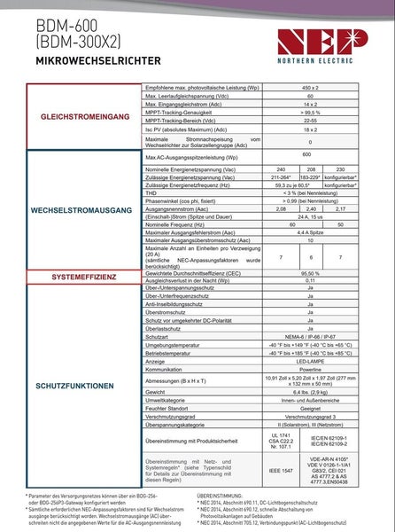 Informationstabelle zum Mikrowechselrichter BDM-600 (BDM-300X2) von Northern Electric