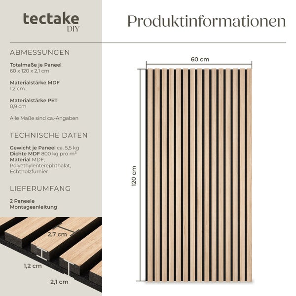 Produktinformationen zu einem Paneel aus MDF und Echtholzfurnier, Maße 60 x 120 cm.