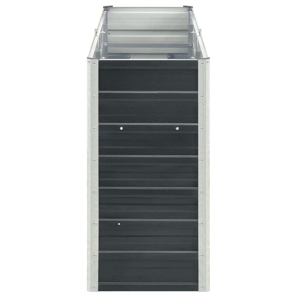 Schmales Hochbeet aus Metall in rechteckiger Form mit dunkler Front und hellen Seiten.
