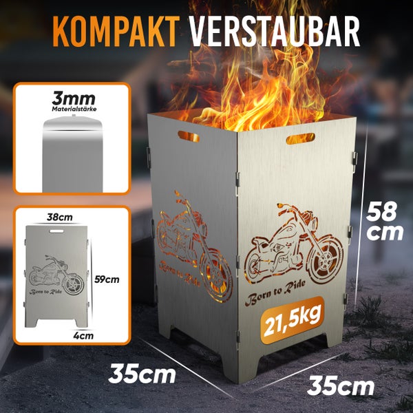 Kompakt verstaubare Feuertonne aus Metall mit Motorrad Design und den Maßen 35 x 35 x 58 cm, Materialstärke 3 mm, Gewicht 21,5 kg