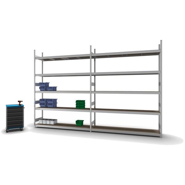 PROREGAL Weitspannregal Stecksystem T-Profil Grundregal HxBxT 300x225x50 cm 5 Ebenen Spanplatten Fachboden Fachlast 350 kg Verzinkt