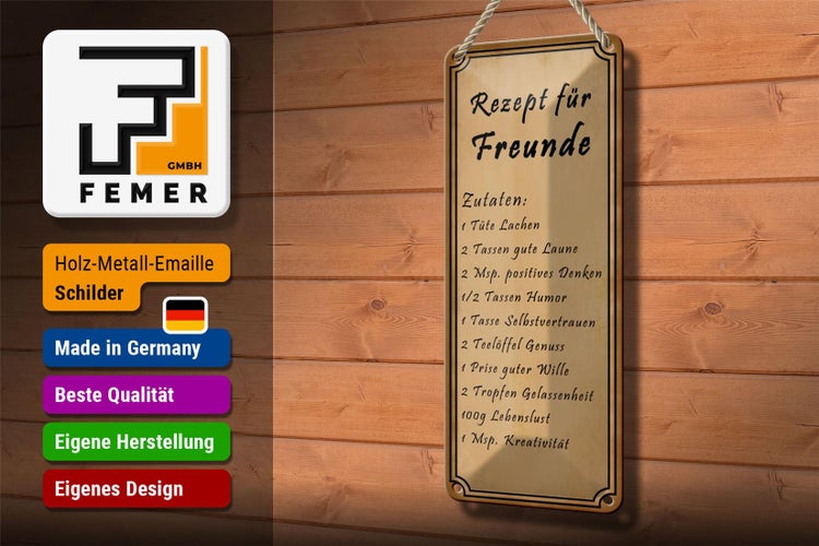 Blechschild Spruch 10x27cm Rezept für Freunde Tüte Lachen Dekoration