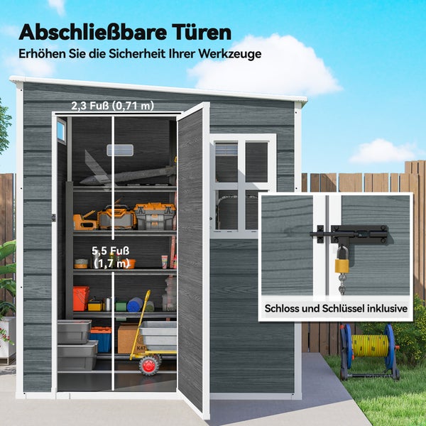 Graues Gerätehaus mit abschließbaren Türen, Regalen im Innenraum und Vorhängeschloss inklusive Maßangaben für die Türöffnung.