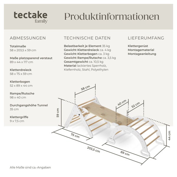 Infografik mit Maßen und technischen Daten für das Tectake Klettergerüst für Kinder aus lackiertem Sperrholz und Kiefernholz.