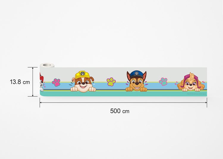 Paw Patrol Wandbordüre mit Rubble, Chase und Skye, 13,8 Zentimeter hoch und 500 Zentimeter lang.