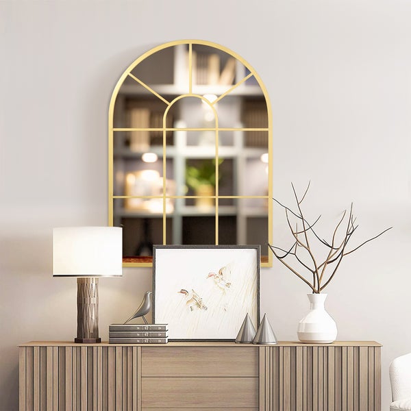HOMCOM Wandspiegel Fensterspiegel 70 x 50cm Flurspiegel mit Metallrahmen Hängespiegel Dekospiegel Ganzkörperspiegel für Wohnzimmer Schlafzimmer Gold