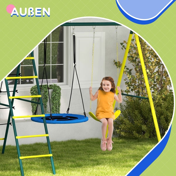 Outsunny Kinderschaukel-Set, 4 in 1 Schaukelgerüst Schaukelgestell mit 2 Schaukeln, Basketballkorb, Kletterleiter, Gartenschaukel für 3-8 Jahre Kinder, Stahl, Gelb