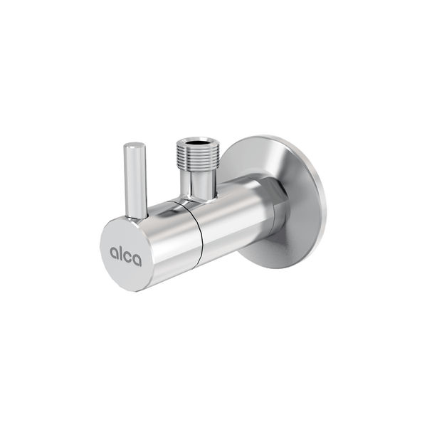 Eckventil aus verchromtem Metall mit zylindrischem Griff, Wandrosette und alca Logo.