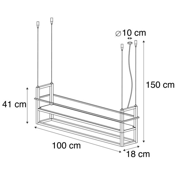 Technische Zeichnung einer Hängeleuchte mit den Maßen 100 x 18 x 41 cm und einer Abhängung von 150 cm