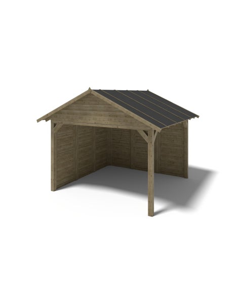 Offener Gartenschuppen aus Holz mit Satteldach und dunkler Dacheindeckung.