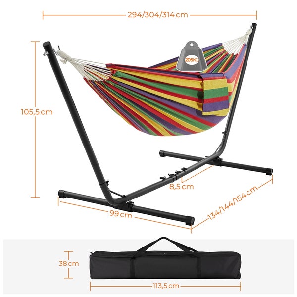 Hängemattenset mit Gestell, Tragfähigkeit 205 Kilogramm, inklusive Tragetasche und Maßangaben