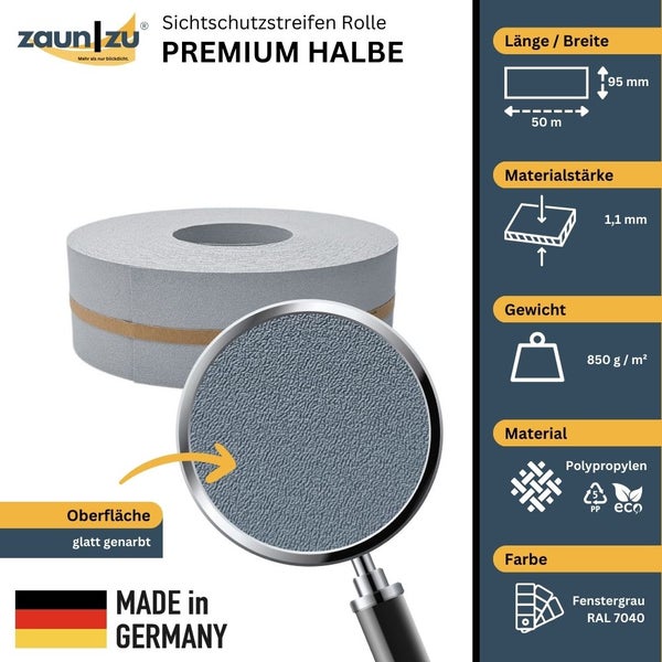 Zaun zu Premium Halbe Sichtschutzstreifen Rolle aus Polypropylen mit 50 Meter Länge, 95 Millimeter Breite und einer Materialstärke von 1,1 Millimeter
