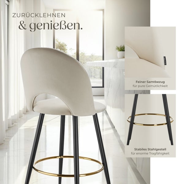 Barstuhl tectake Sachel 49 x 58 x 110 cm, Belastbarkeit 120 kg in Samtoptik, gepolstert creme/schwarz