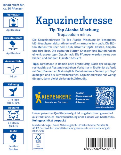 Saatgutpackung Kapuzinerkresse Tip-Top Alaska Mischung von Kiepenkerl mit Anbauinformationen und FSC Zertifizierung