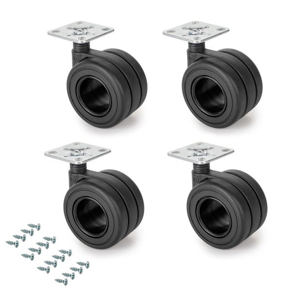 Set aus vier Möbelrollen, Doppelrollen aus Kunststoff mit Anschraubplatte aus Metall und passenden Schrauben.