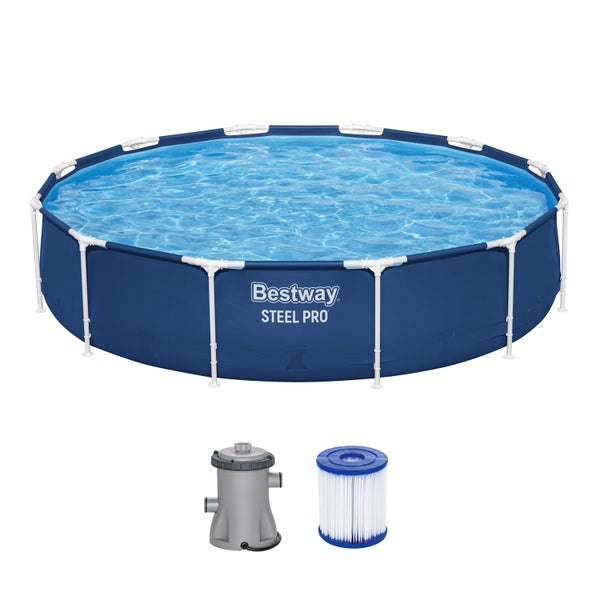 Rundes Bestway Steel Pro Rahmenpool-Set inklusive Filterpumpe und Filterkartusche.