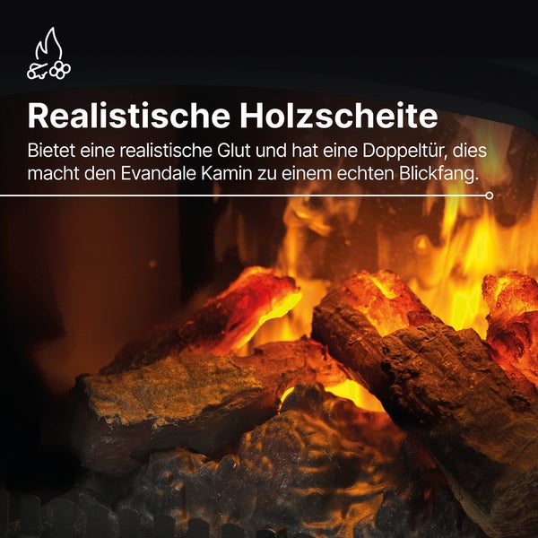Elektrischer Kamin Evandale mit realistisch wirkenden Holzscheiten und glühender Glut.