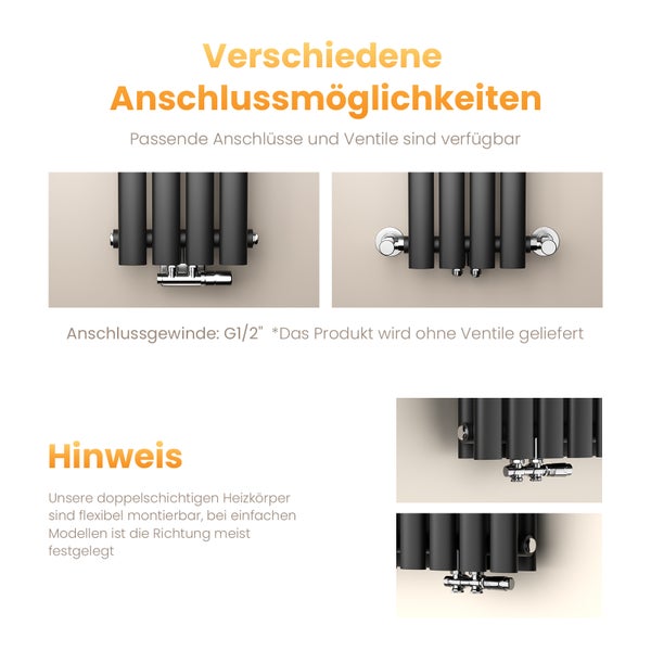 Verschiedene Anschlussmöglichkeiten für Heizkörper mit G 1/2 Zoll Anschlussgewinde, inklusive Mittelanschluss und Seitenanschluss.