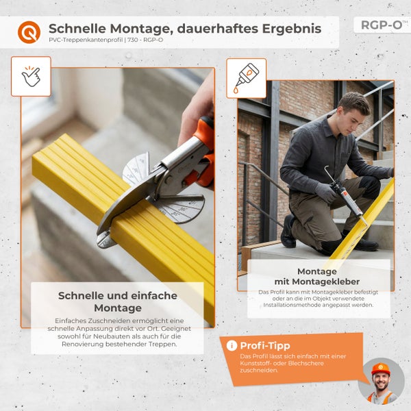Anwendung von PVC-Treppenkantenprofilen: Zuschneiden mit Blechschere und Befestigung mit Montagekleber auf einer Treppe.