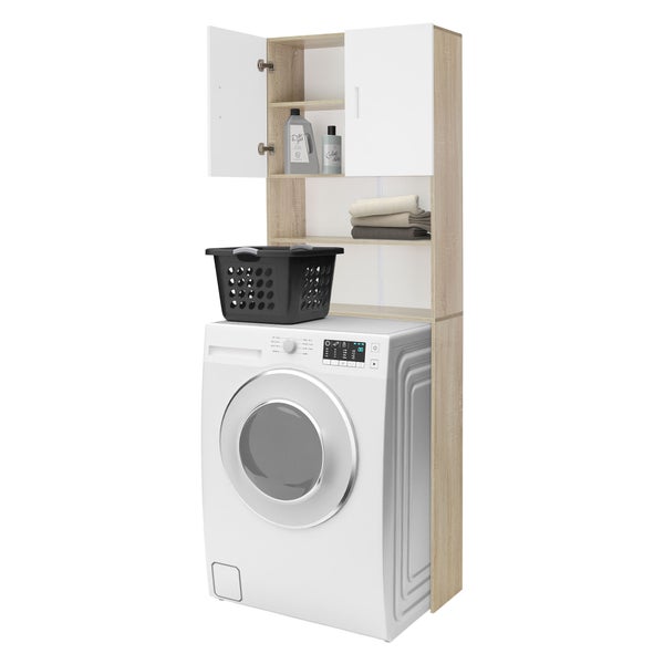 ECD Germany Waschmaschinenschrank mit 2 Türen und 2 offenen Fächern, 190x62,5 cm, Weiß/Sonoma-Eiche, Badezimmerschrank für Waschmaschine/Trockner, Hochschrank Badschrank Badregal Waschmaschinenüberbau