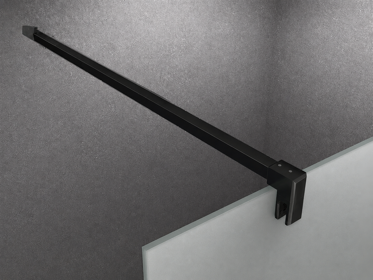 Schwarze Stabilisierungsstange für Duschwände, quadratisches Profil, Wand-zu-Glas-Befestigung.
