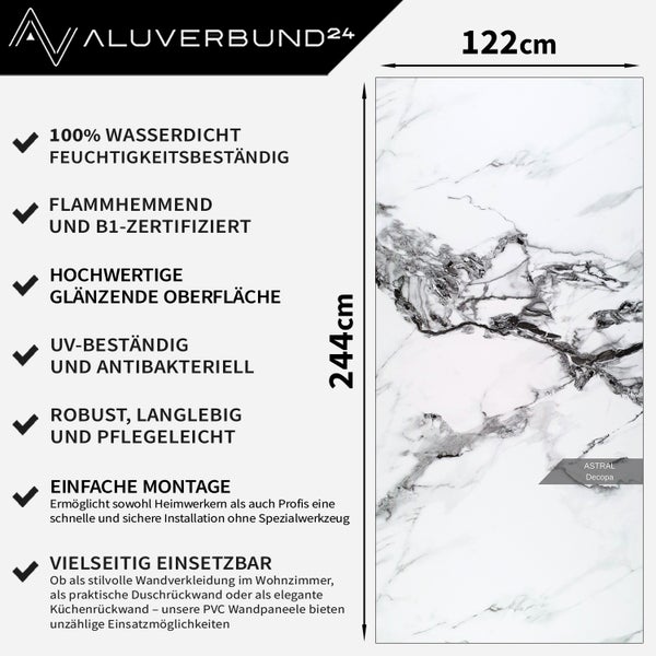 Abmessungen einer Dekorpaneele mit Marmoroptik: 122 cm breit, 244 cm hoch.
