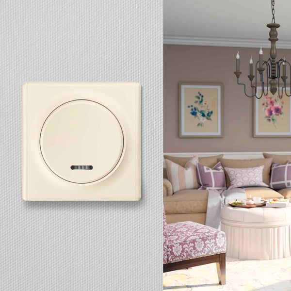 Wandschalter mit rundem Taster und Kontrolllicht montiert auf einer Wand vor einem Wohnzimmer mit klassischer Einrichtung.