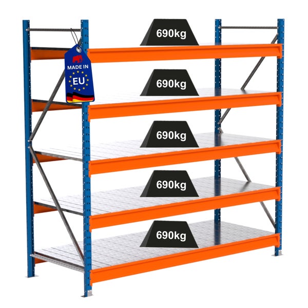 Schwerlastregal mit fünf Ebenen und einer Traglast von 690 Kilogramm pro Ebene