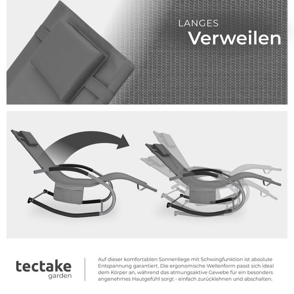 Gartenliege tectake Taya abnehmbares Kopfpolster, seitliche Aufbewahrungstasche ergonomisch, mit Komfort-Schwingbewegung grau