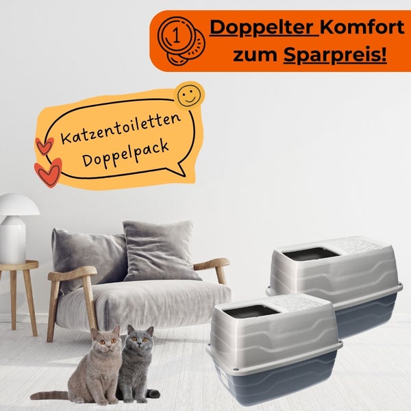 Zwei Katzentoiletten im Doppelpack in einer Wohnumgebung mit Katzen