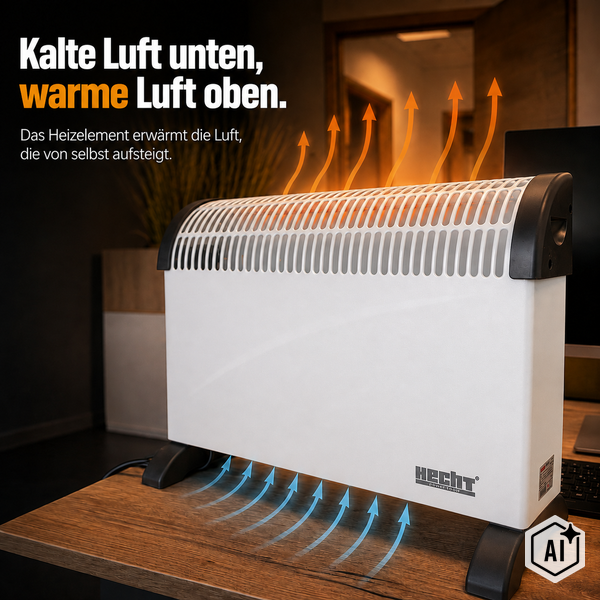 Hecht Konvektor Heizgerät auf einem Tisch mit illustrierter Funktionsweise der Luftzirkulation.
