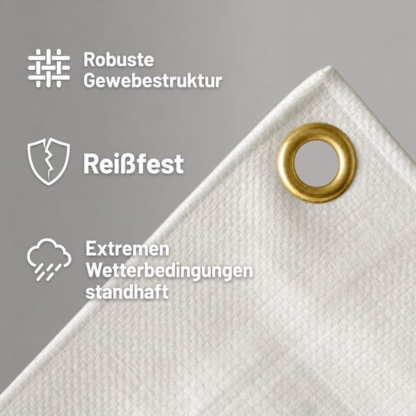 Detailansicht einer Gewebeplane mit robuster Struktur, Reißfestigkeit und Beständigkeit gegen extreme Witterungsbedingungen, inklusive Metallöse.