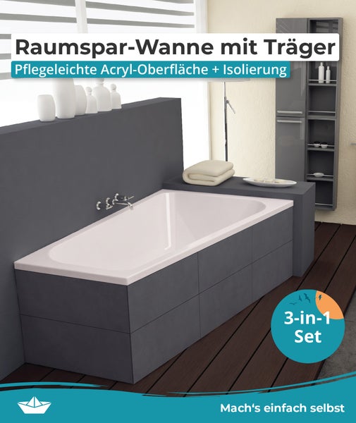 Raumsparbadewanne mit Träger und Acryl Oberfläche in einem modernen Badezimmer mit Badmöbeln.
