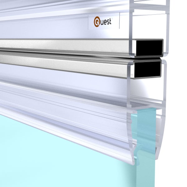 Quest Logo, Glaskantenprofil für LED Streifen aus Kunststoff mit Metalleinsätzen an einer Glasscheibe montiert.