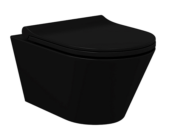Wandhängende Toilette in Schwarz mit passendem Toilettensitz, modernes Design.