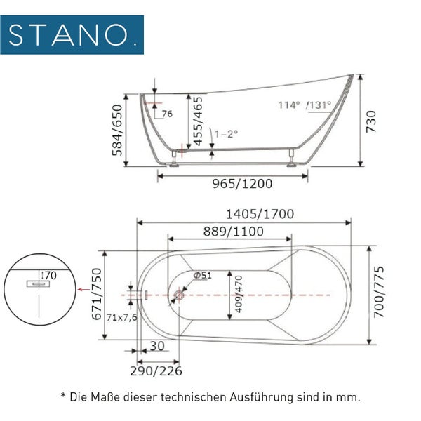 Technische Zeichnung einer freistehenden Badewanne der Marke Stano mit allen Maßen in Millimeter für die Planung und Installation.