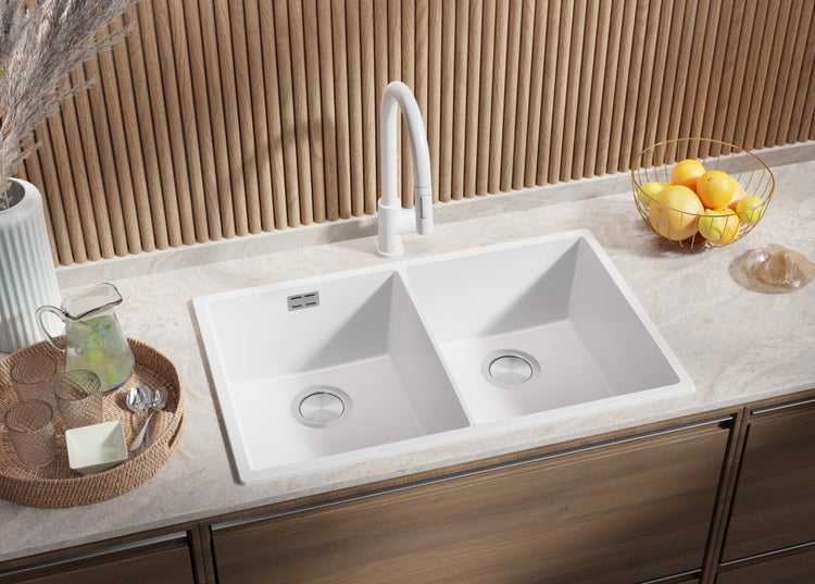 PRIMAGRAN Spülbecken Weiß 76x47cm, Granitspüle 2 Becken + Ablauf-Set, Küchenspüle ab 80er Unterschrank - London Slim Twin