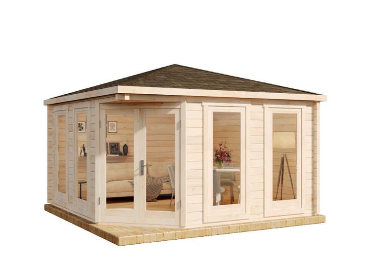 Alpholz 5-Eck Gartenhaus Maja aus Massiv-holz, Gerätehaus mit 70 mm Wandstärke ohne Imprägnierung, Garten Holzhaus inklusive Montagematerial, Geräteschuppen Größe: 400 x 400 cm, Spitzdach