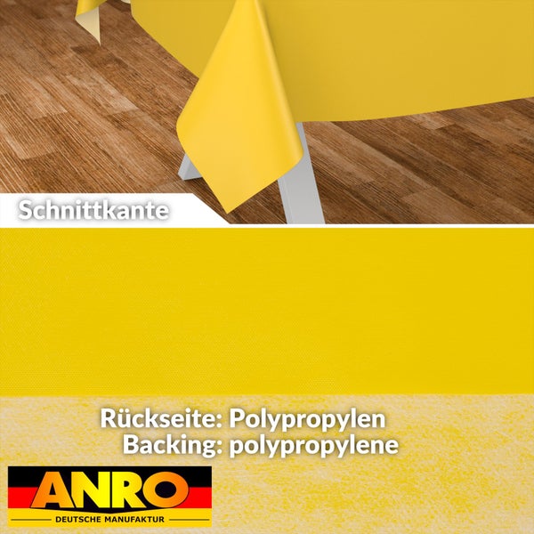 Gelbe abwaschbare Tischdecke mit Polypropylen-Rückseite und Schnittkante. ANRO Deutsche Manufaktur Logo.