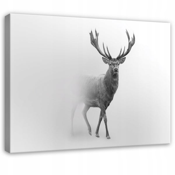 Leinwandbild mit einem Hirsch im Nebel